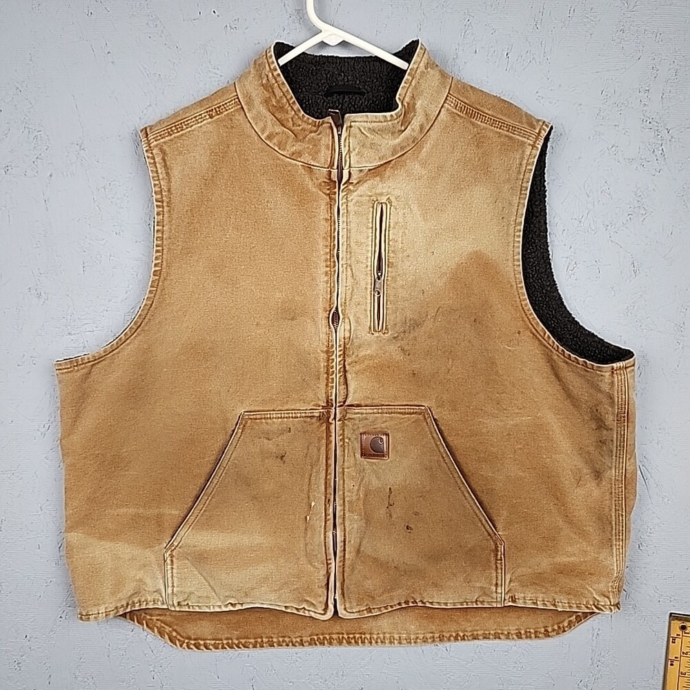 Carhartt Vest Mens 2XL Tan Sherpa Lined Workwear Faded Duck Canvas V33 211 Logo